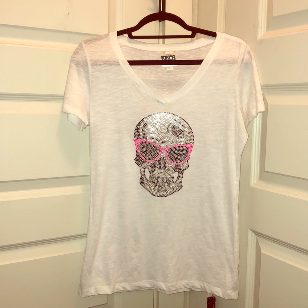 Kings of Cole white v-neck bedazzled skull print T